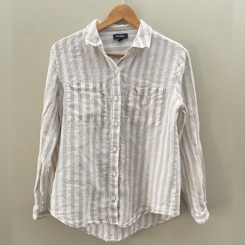 🛍 5/$25 🛍 Lord & Taylor Cream and White Button Down Shirt Long Sleeve Relaxed
